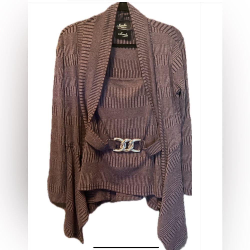Elegant Plum Open Cardigan and Top Set with Buckle,